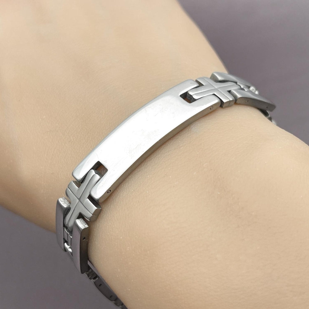 Stainless Steel Solid Bracelet, Cross Design, Polished, Steel Finish