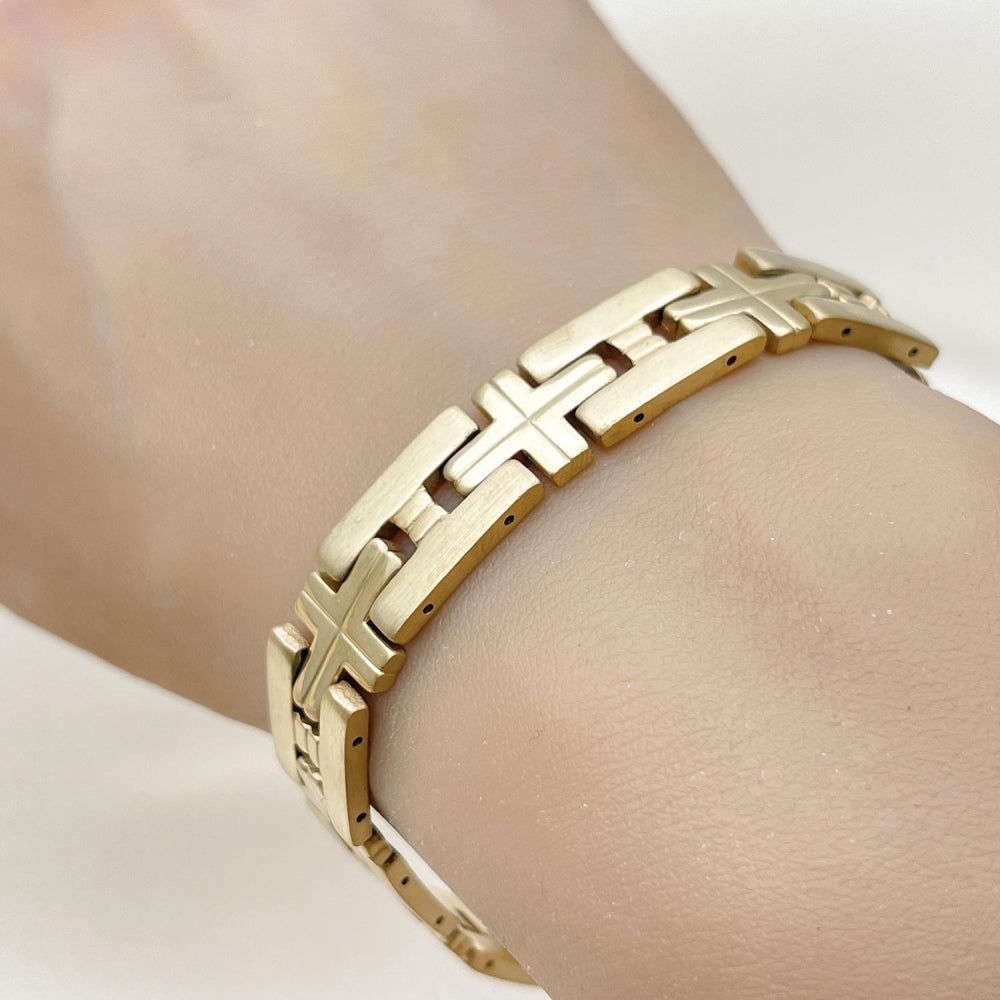 Stainless Steel Solid Bracelet, Cross Design, Polished, Golden Finish