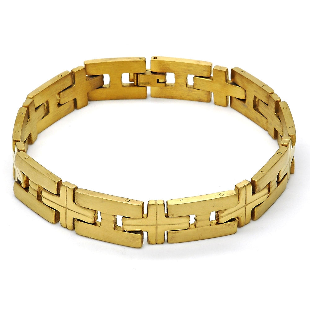 Stainless Steel Solid Bracelet, Cross Design, Polished, Golden Finish