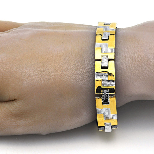Stainless Steel Solid Bracelet, Greek Key Design, Polished, Steel Finish