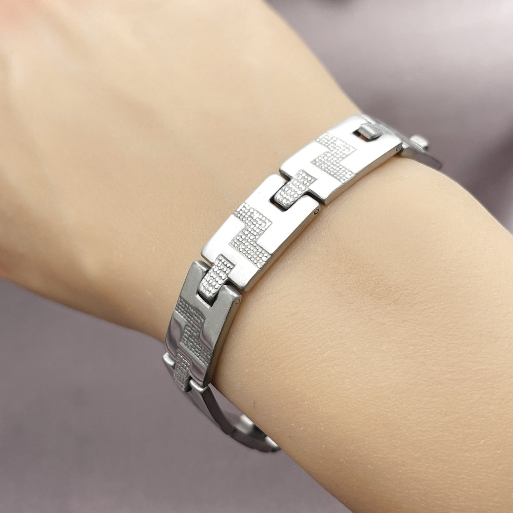 Stainless Steel Solid Bracelet, Greek Key Design, Polished, Steel Finish