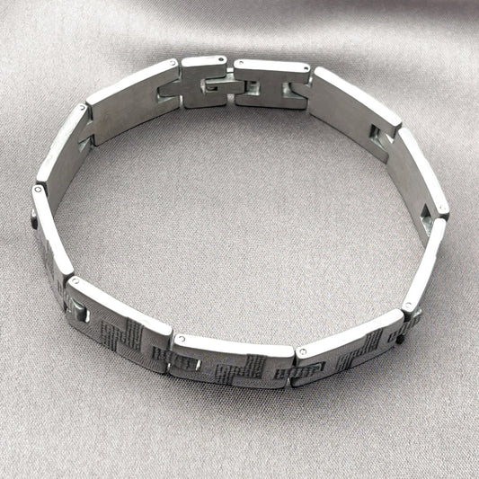 Stainless Steel Solid Bracelet, Greek Key Design, Polished, Steel Finish