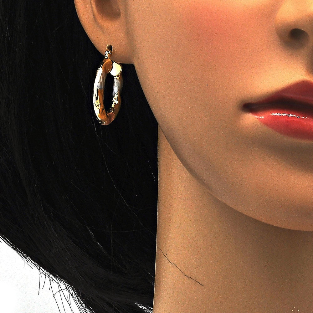 Oro Laminado Small Hoop, Gold Filled Style Hollow Design, Diamond Cutting Finish, Tricolor