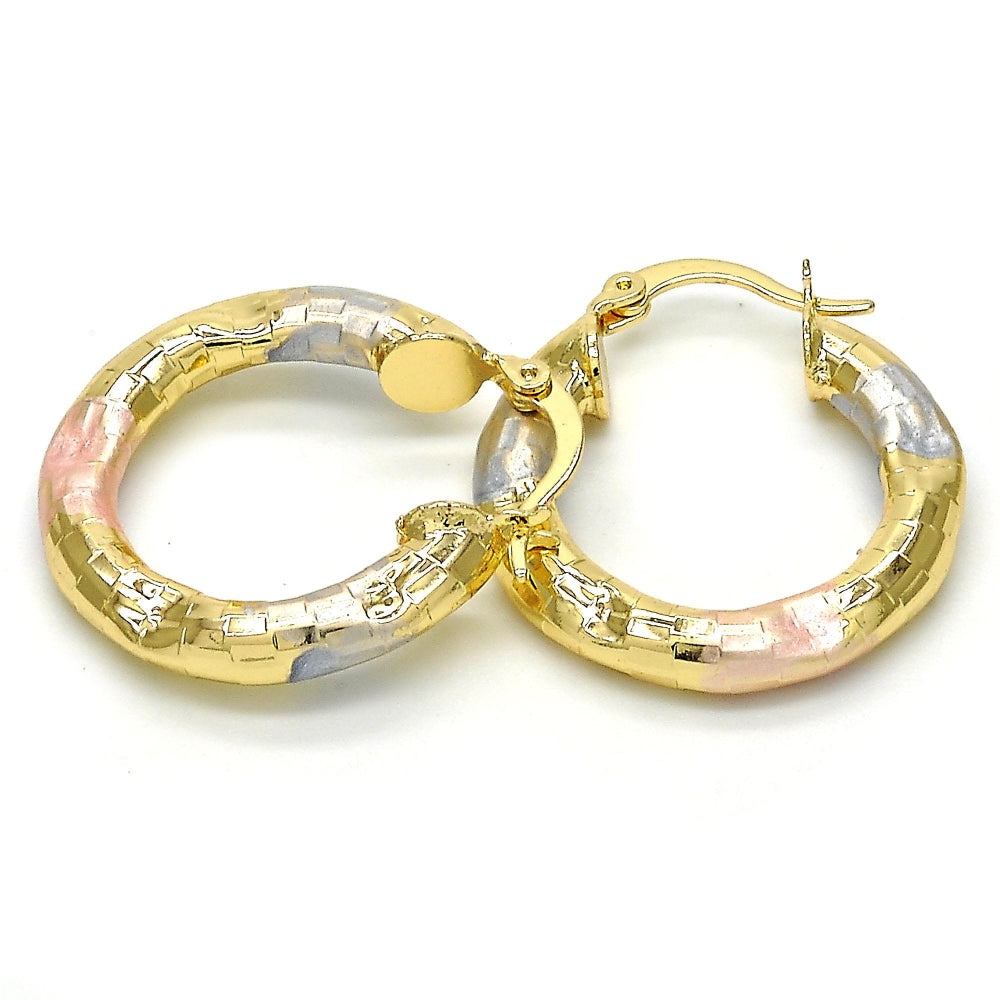 Oro Laminado Small Hoop, Gold Filled Style Hollow Design, Diamond Cutting Finish, Tricolor