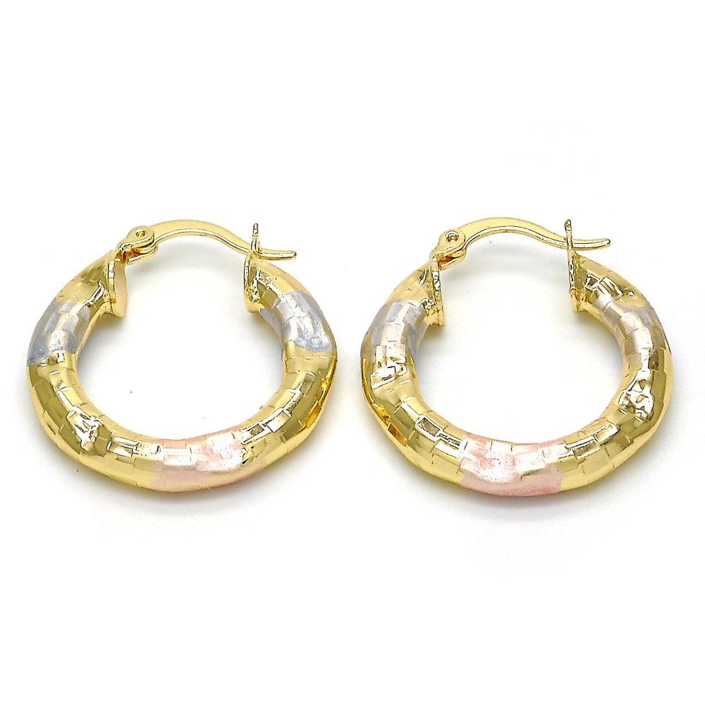 Oro Laminado Small Hoop, Gold Filled Style Hollow Design, Diamond Cutting Finish, Tricolor