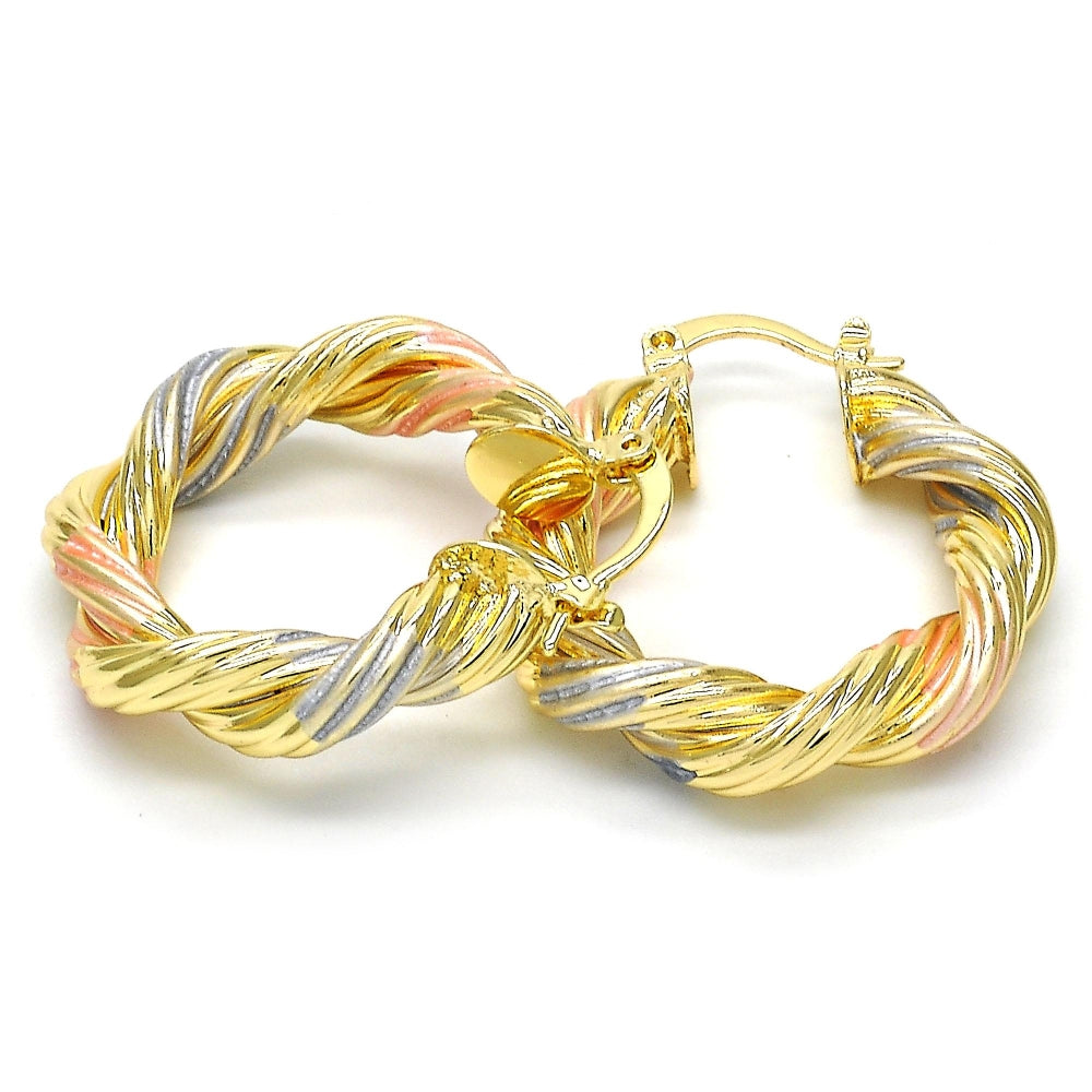 Oro Laminado Medium Hoop, Gold Filled Style Twist and Hollow Design, Polished, Tricolor