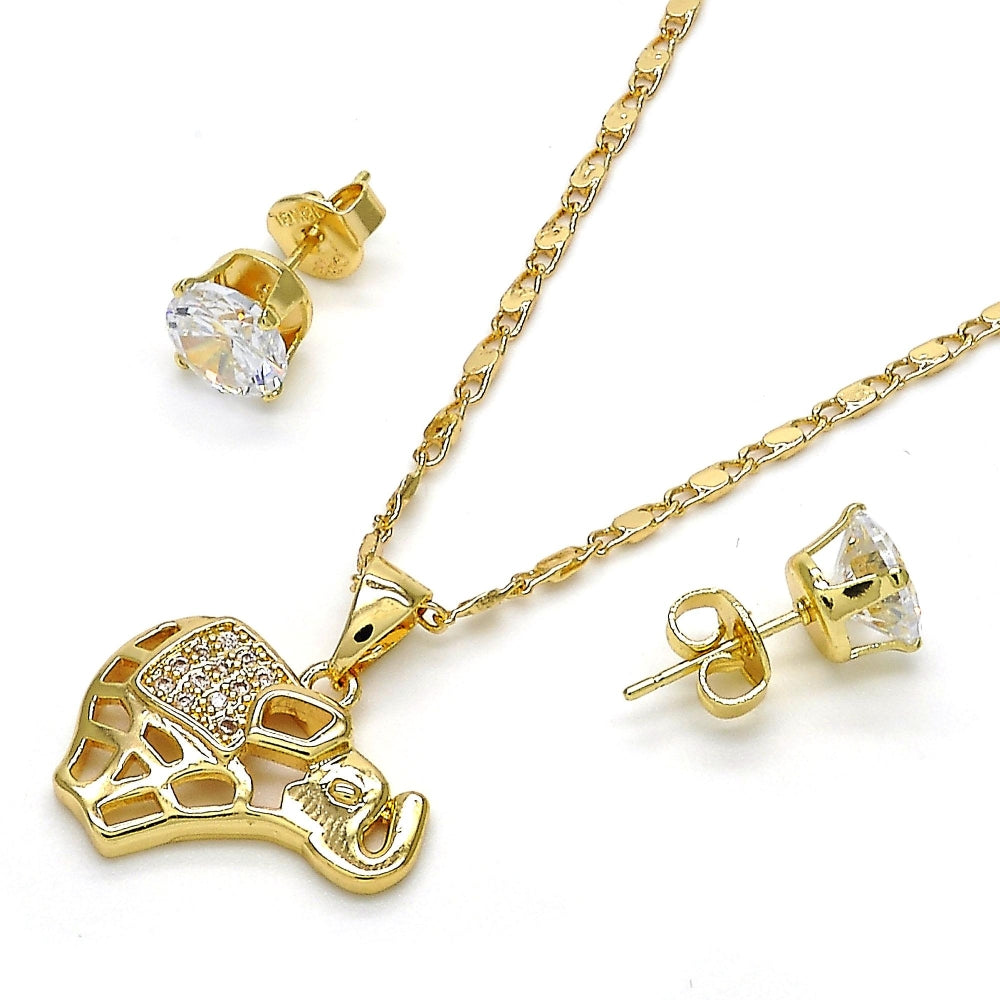 Oro Laminado Earring and Pendant Adult Set, Gold Filled Style Elephant Design, with White Micro Pave, Polished, Golden Finish