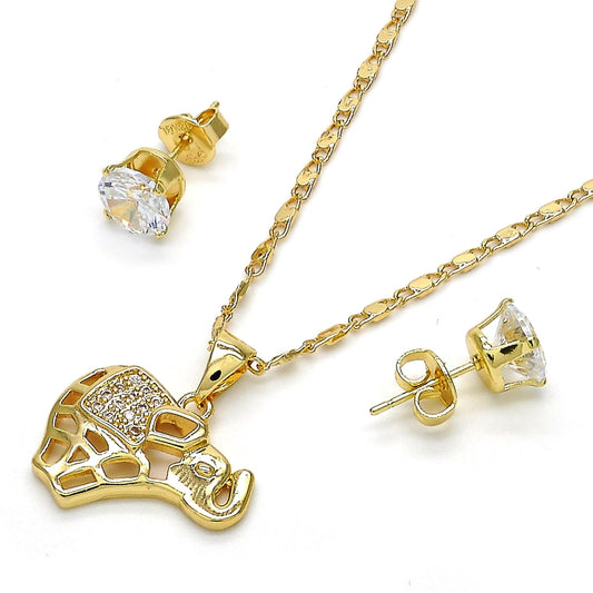 Oro Laminado Earring and Pendant Adult Set, Gold Filled Style Elephant Design, with White Micro Pave, Polished, Golden Finish
