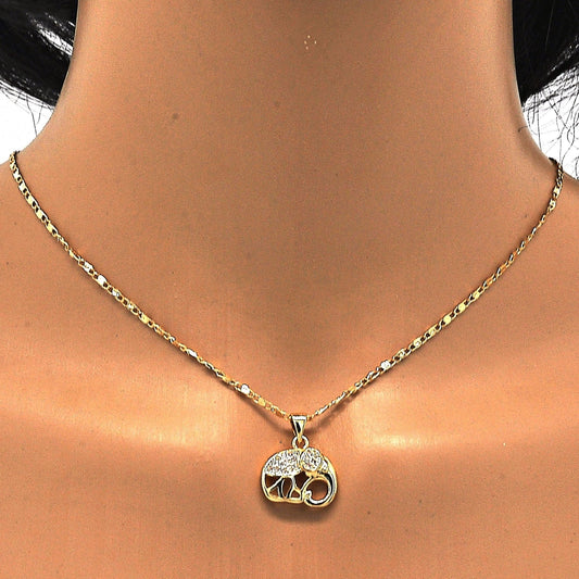 Oro Laminado Earring and Pendant Adult Set, Gold Filled Style Elephant Design, with White Micro Pave, Polished, Golden Finish