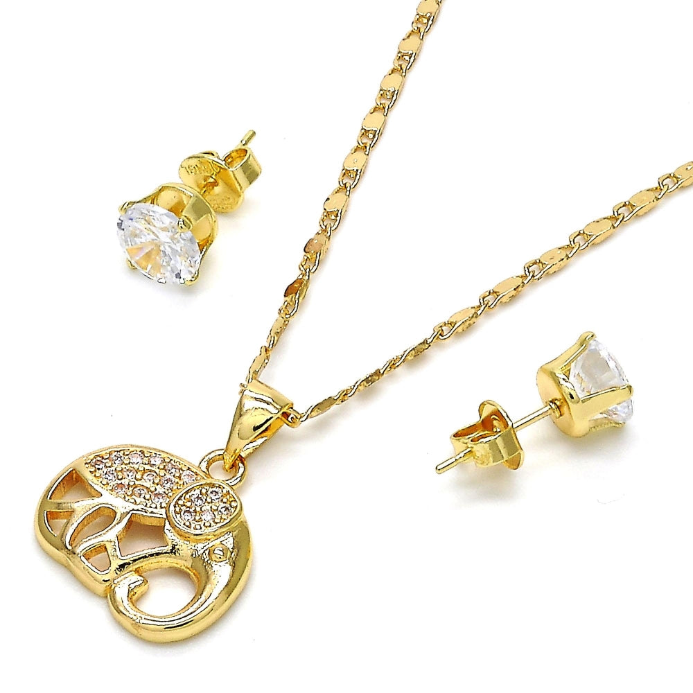 Oro Laminado Earring and Pendant Adult Set, Gold Filled Style Elephant Design, with White Micro Pave, Polished, Golden Finish
