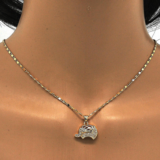 Oro Laminado Earring and Pendant Adult Set, Gold Filled Style Elephant Design, with White Micro Pave, Polished, Golden Finish