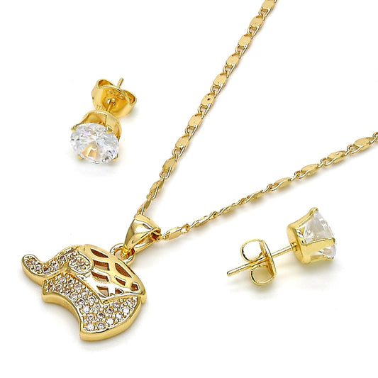 Oro Laminado Earring and Pendant Adult Set, Gold Filled Style Elephant Design, with White Micro Pave, Polished, Golden Finish