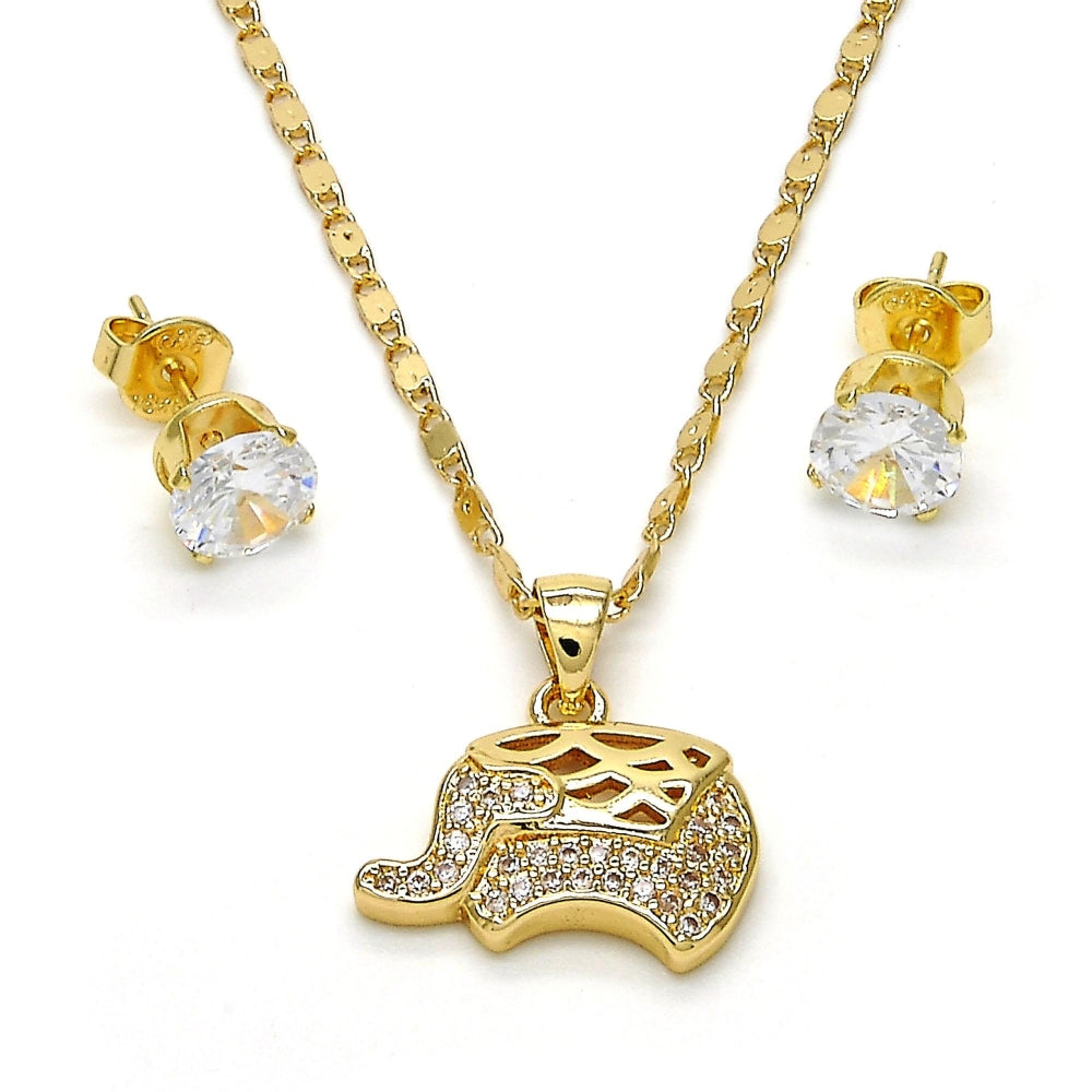 Oro Laminado Earring and Pendant Adult Set, Gold Filled Style Elephant Design, with White Micro Pave, Polished, Golden Finish