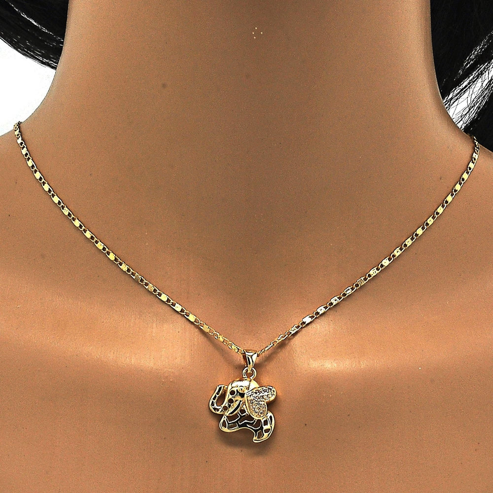 Oro Laminado Earring and Pendant Adult Set, Gold Filled Style Elephant Design, with White Micro Pave, Polished, Golden Finish