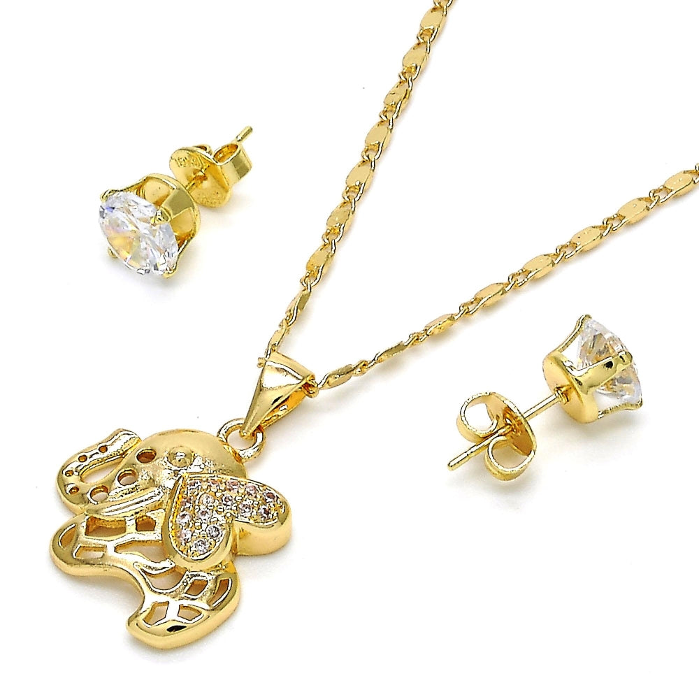 Oro Laminado Earring and Pendant Adult Set, Gold Filled Style Elephant Design, with White Micro Pave, Polished, Golden Finish