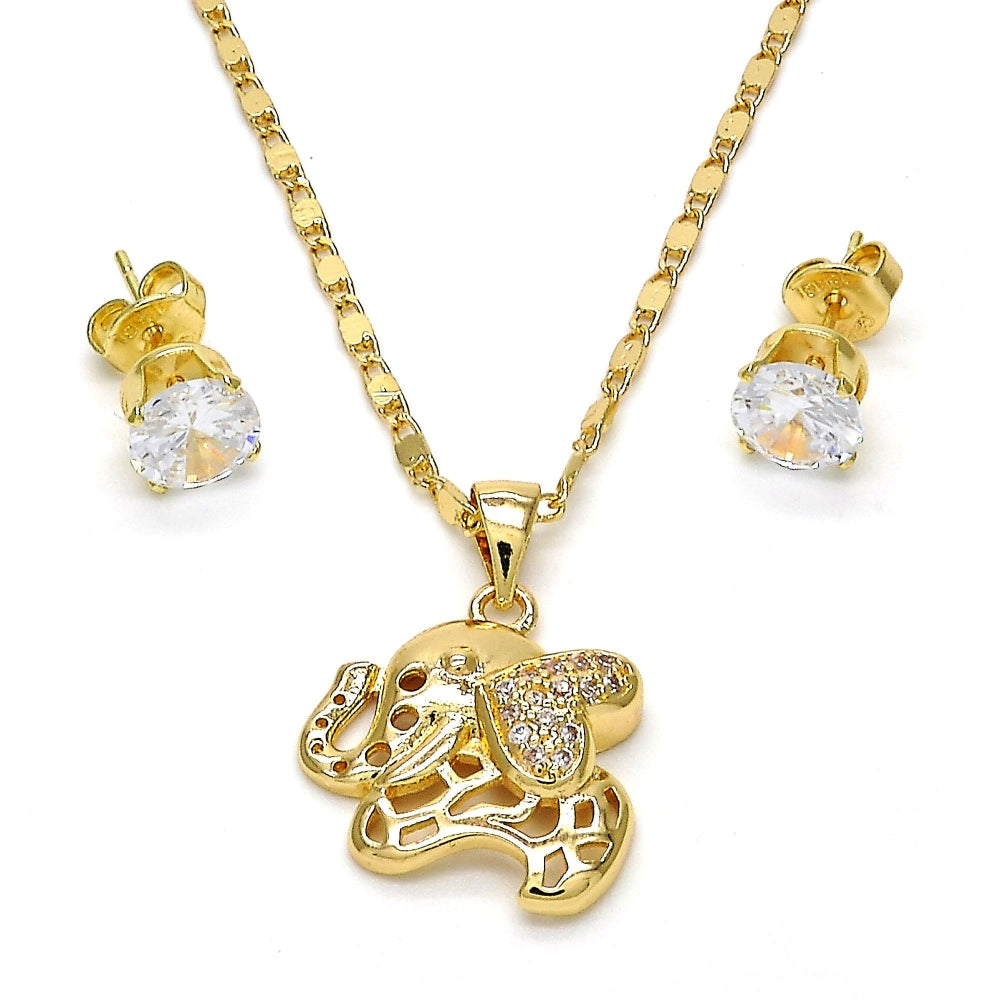 Oro Laminado Earring and Pendant Adult Set, Gold Filled Style Elephant Design, with White Micro Pave, Polished, Golden Finish