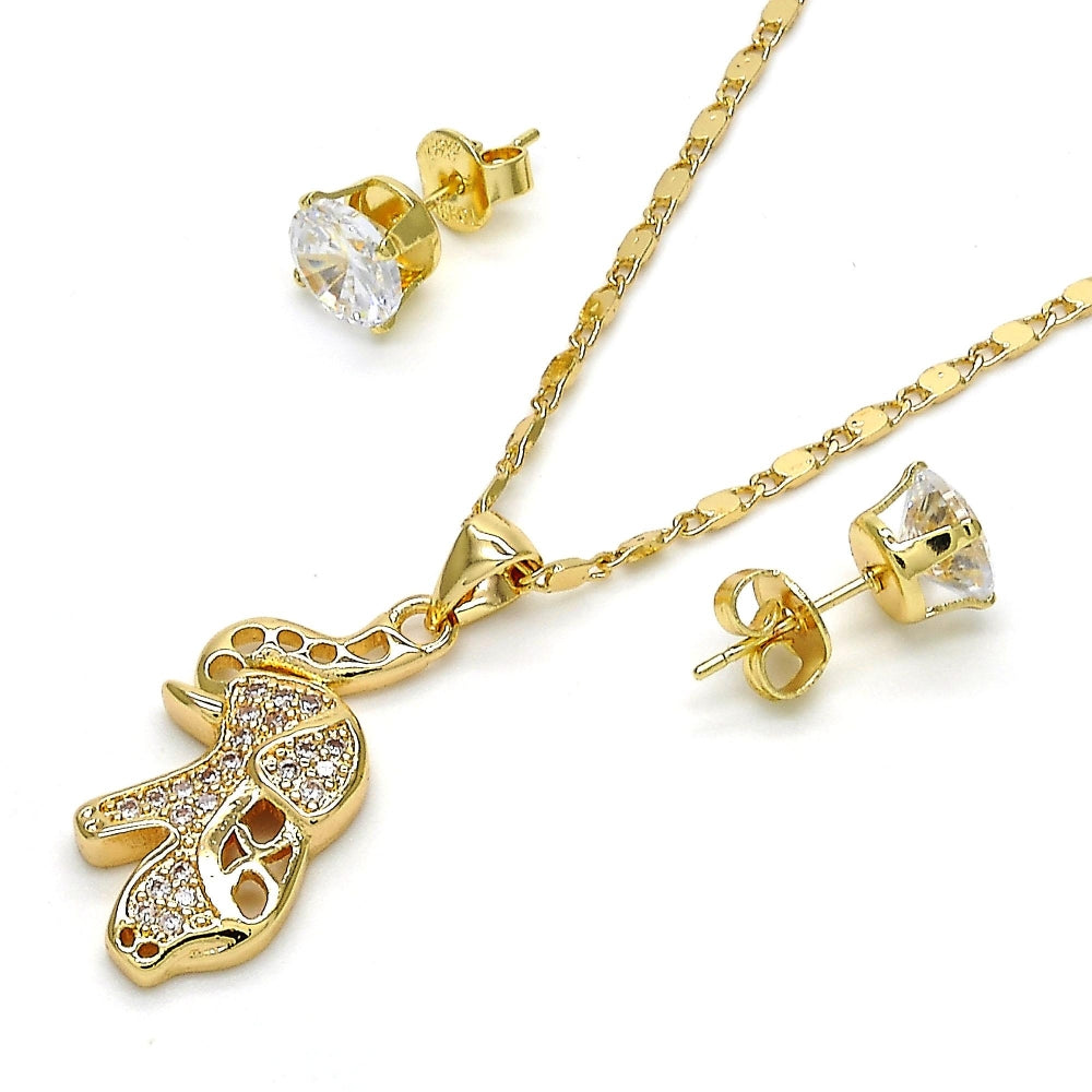 Oro Laminado Earring and Pendant Adult Set, Gold Filled Style Elephant Design, with White Micro Pave, Polished, Golden Finish