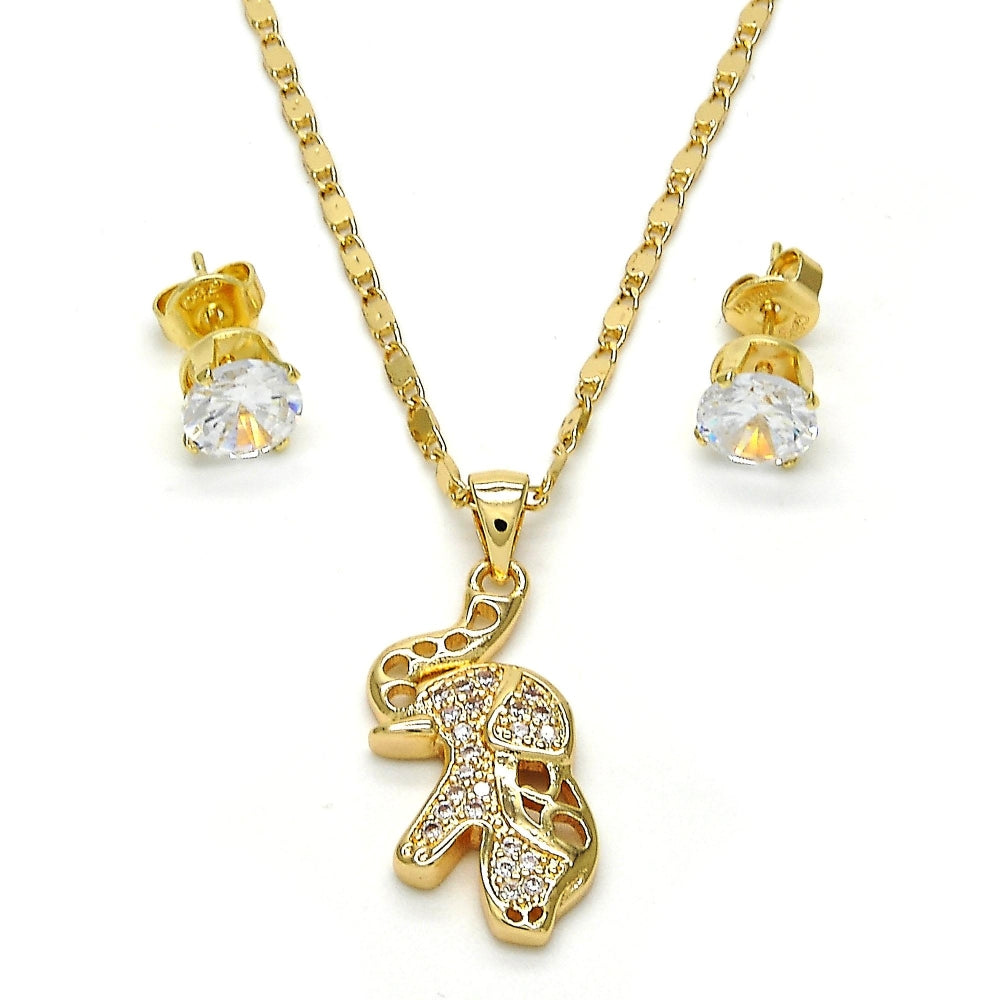 Oro Laminado Earring and Pendant Adult Set, Gold Filled Style Elephant Design, with White Micro Pave, Polished, Golden Finish