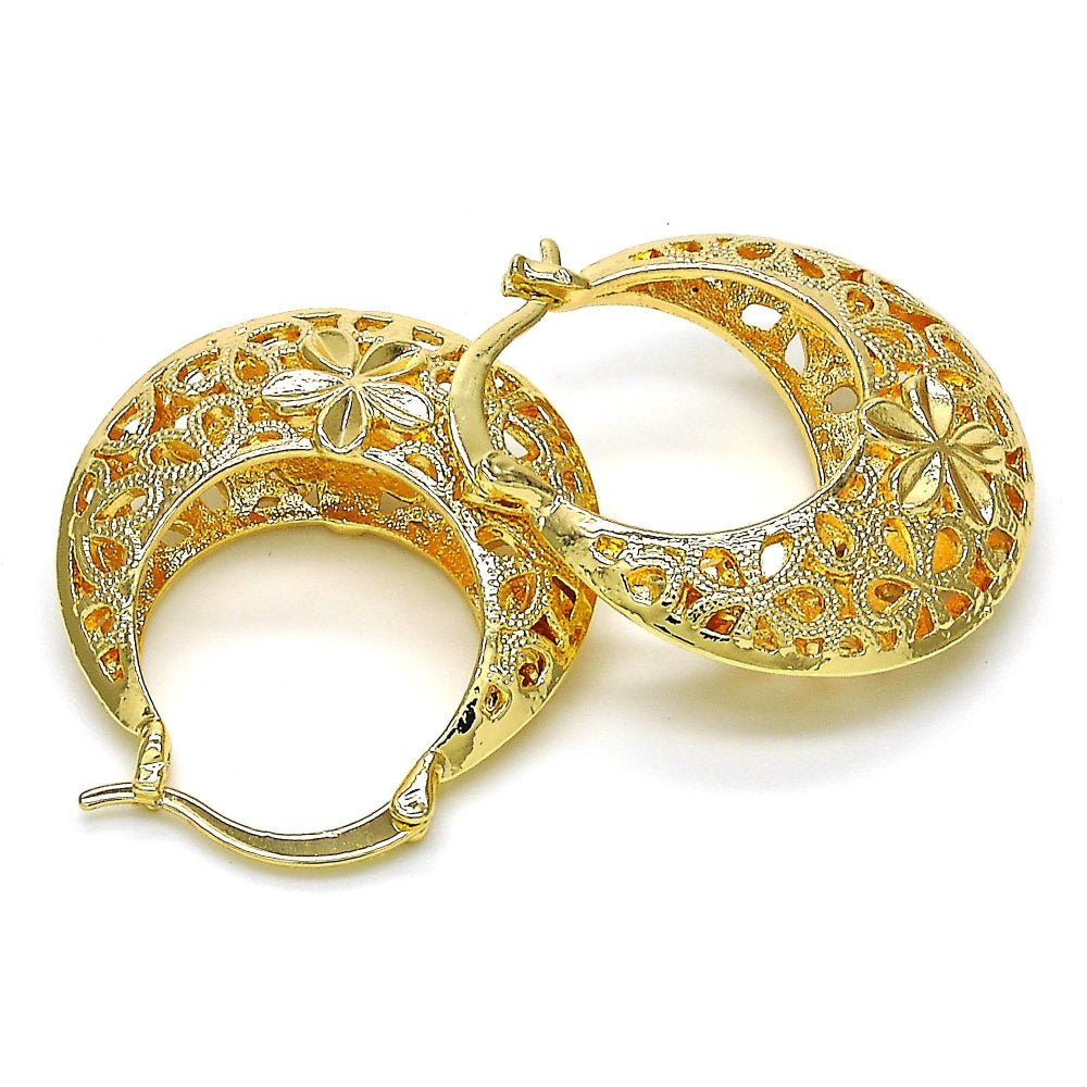 Oro Laminado Medium Hoop, Gold Filled Style Flower Design, Polished, Golden Finish