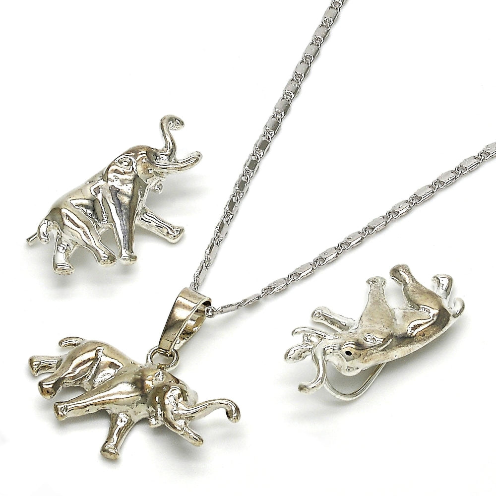 Rhodium Gold Filled Earring and Pendant Adult Set, Elephant Design, Polished, Rhodium Finish