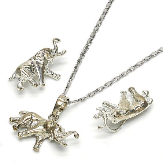 Rhodium Gold Filled Earring and Pendant Adult Set, Elephant Design, Polished, Rhodium Finish