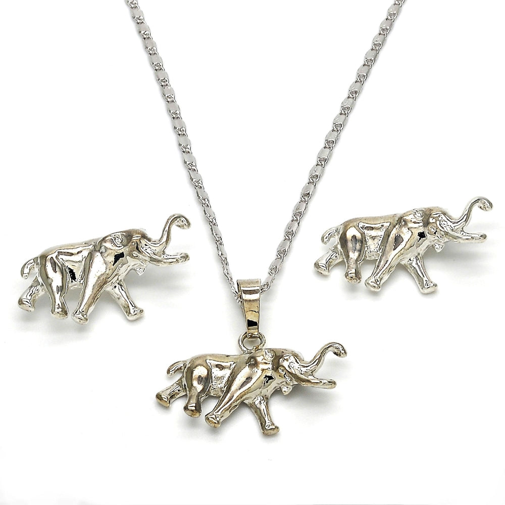 Rhodium Gold Filled Earring and Pendant Adult Set, Elephant Design, Polished, Rhodium Finish