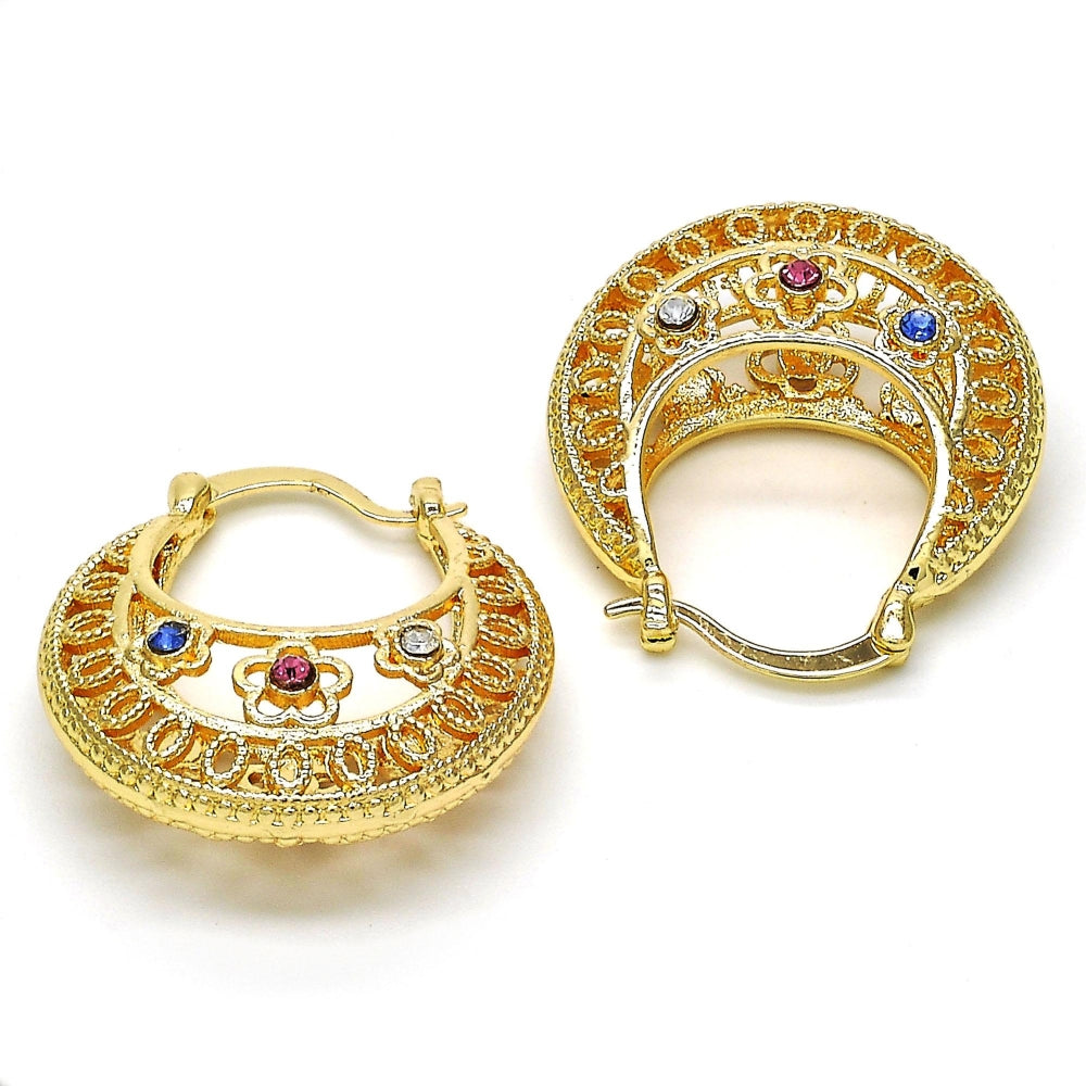 Oro Laminado Medium Hoop, Gold Filled Style Flower Design, with Multicolor Crystal, Polished, Golden Finish