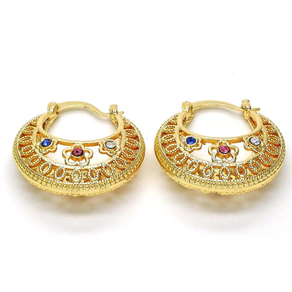 Oro Laminado Medium Hoop, Gold Filled Style Flower Design, with Multicolor Crystal, Polished, Golden Finish