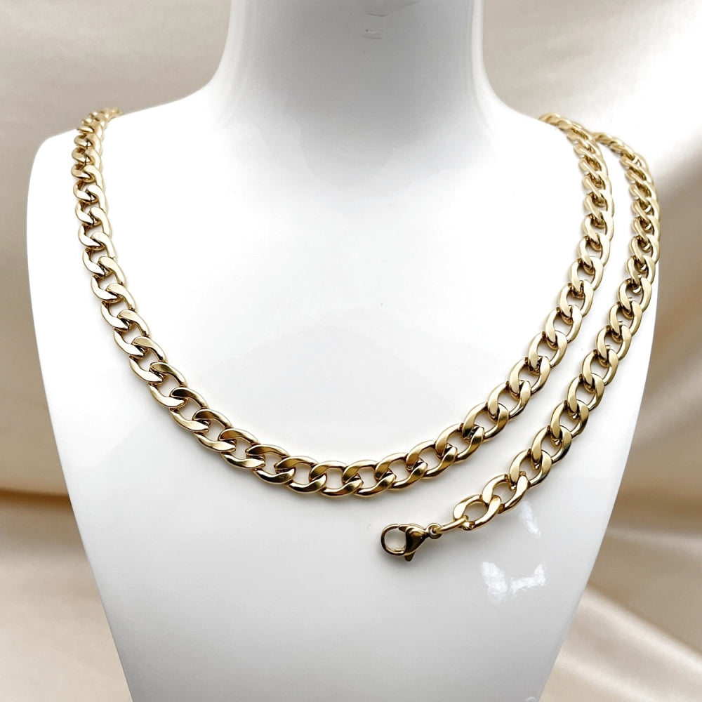 Stainless Steel Necklace and Bracelet, Curb Design, Polished, Golden Finish