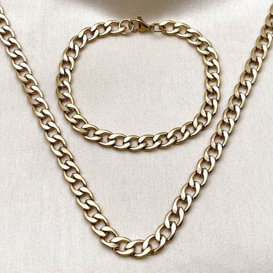 Stainless Steel Necklace and Bracelet, Curb Design, Polished, Golden Finish