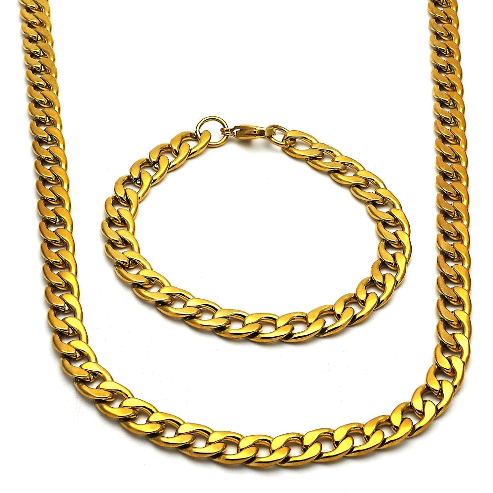 Stainless Steel Necklace and Bracelet, Curb Design, Polished, Golden Finish