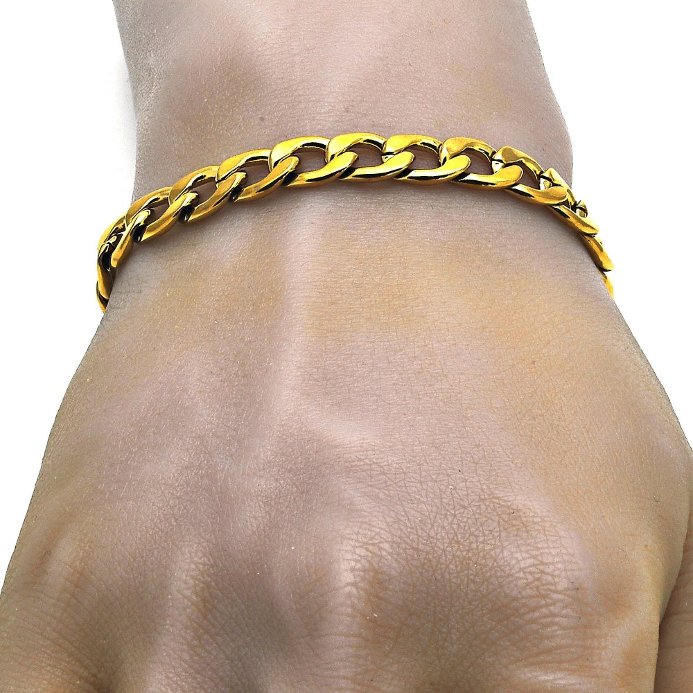 Stainless Steel Necklace and Bracelet, Curb Design, Polished, Golden Finish