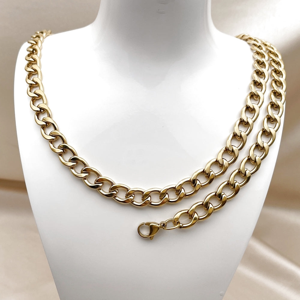 Stainless Steel Necklace and Bracelet, Curb Design, Polished, Golden Finish