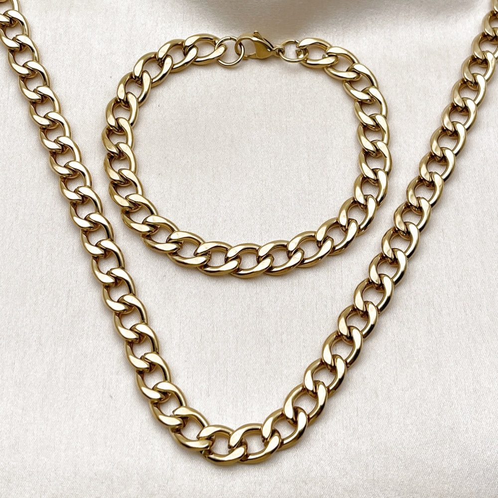 Stainless Steel Necklace and Bracelet, Curb Design, Polished, Golden Finish