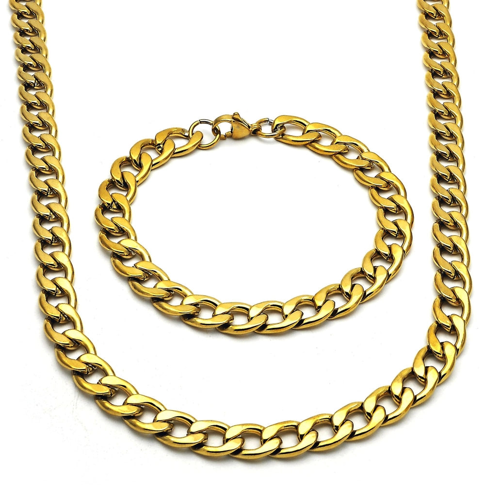 Stainless Steel Necklace and Bracelet, Curb Design, Polished, Golden Finish