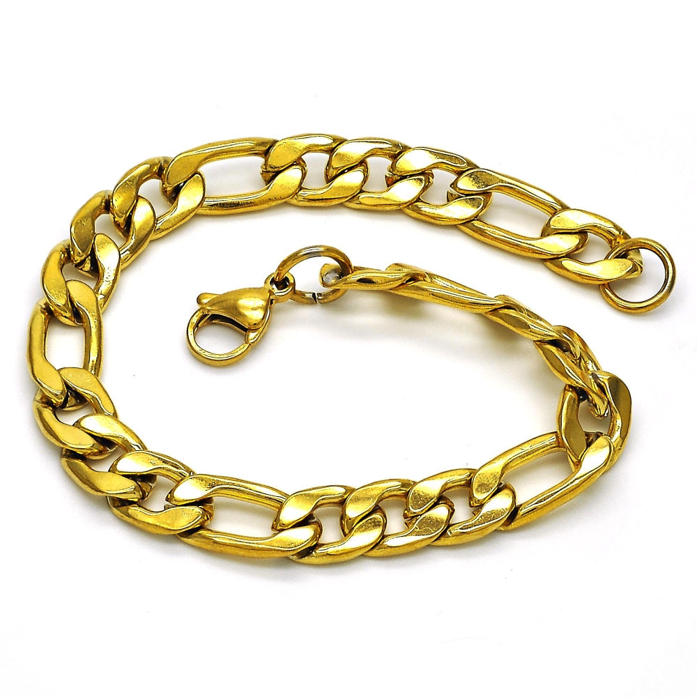 Stainless Steel Basic Bracelet, Figaro Design, Polished, Golden Finish