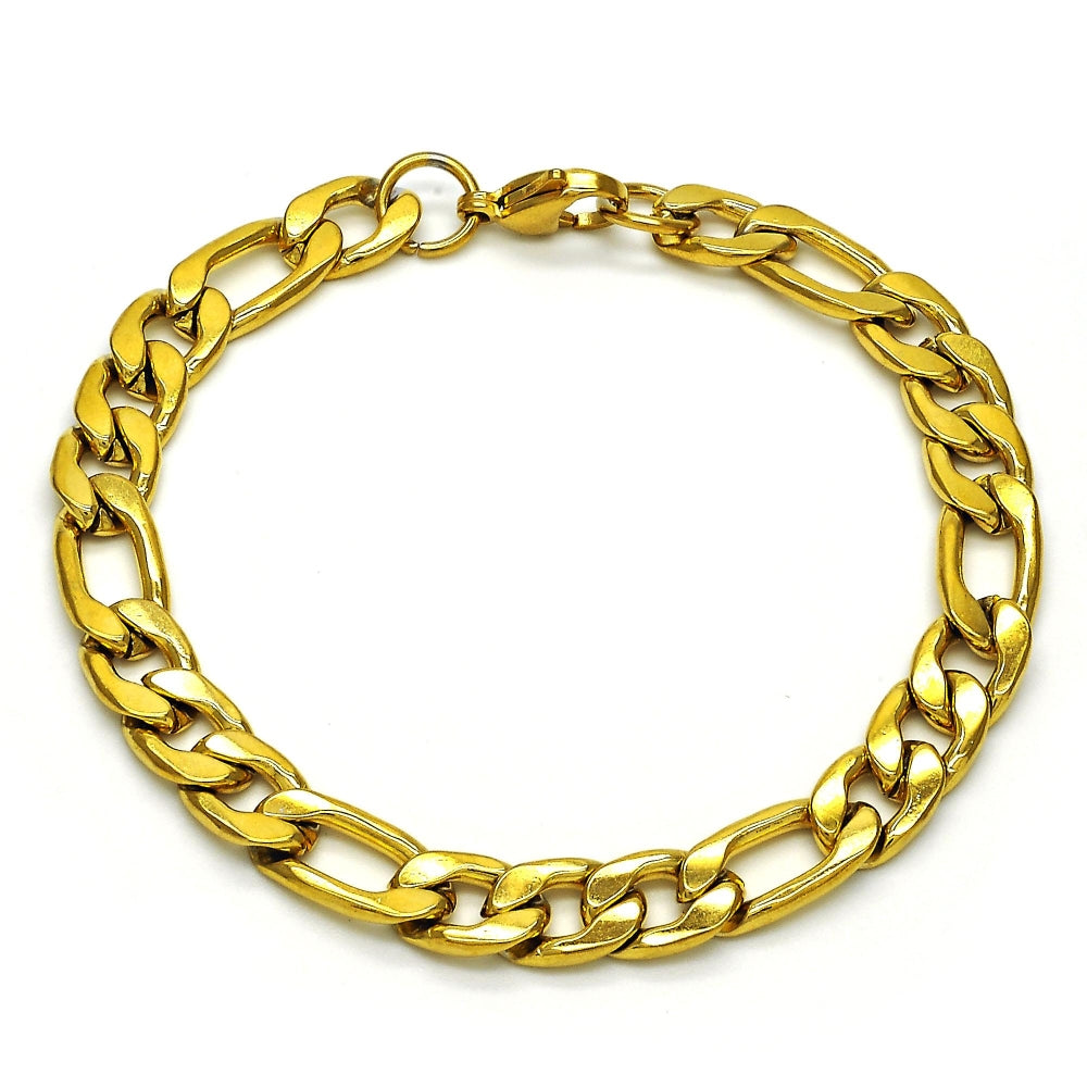 Stainless Steel Basic Bracelet, Figaro Design, Polished, Golden Finish
