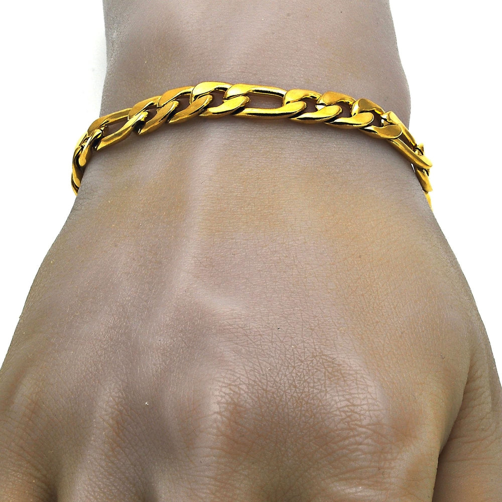 Stainless Steel Basic Bracelet, Figaro Design, Polished, Golden Finish