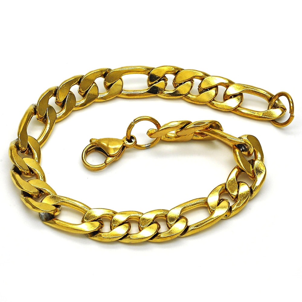 Stainless Steel Basic Bracelet, Figaro Design, Polished, Golden Finish