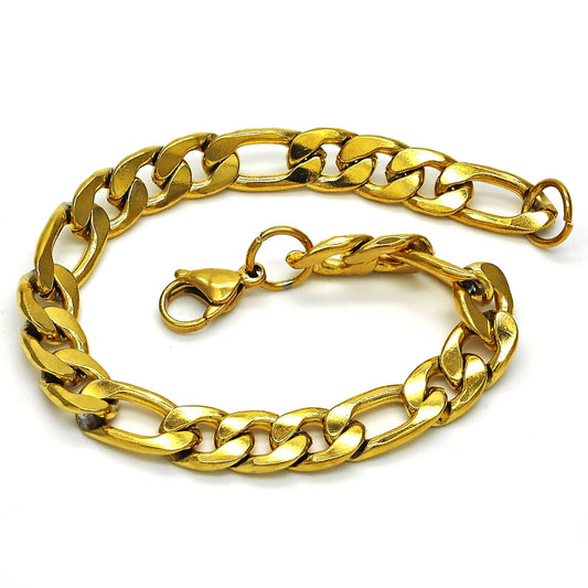 Stainless Steel Basic Bracelet, Figaro Design, Polished, Golden Finish