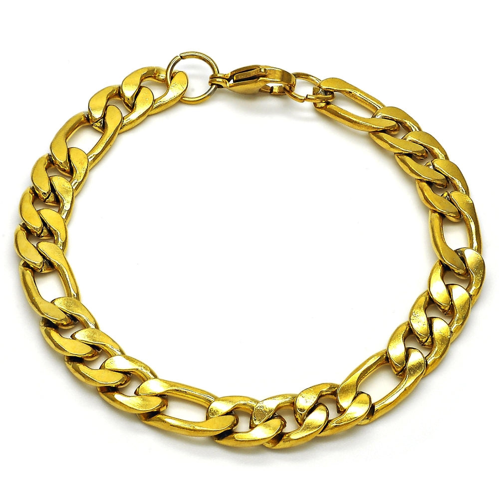 Stainless Steel Basic Bracelet, Figaro Design, Polished, Golden Finish