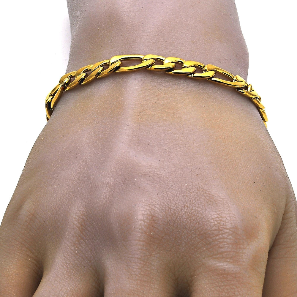 Stainless Steel Necklace and Bracelet, Figaro Design, Polished, Golden Finish