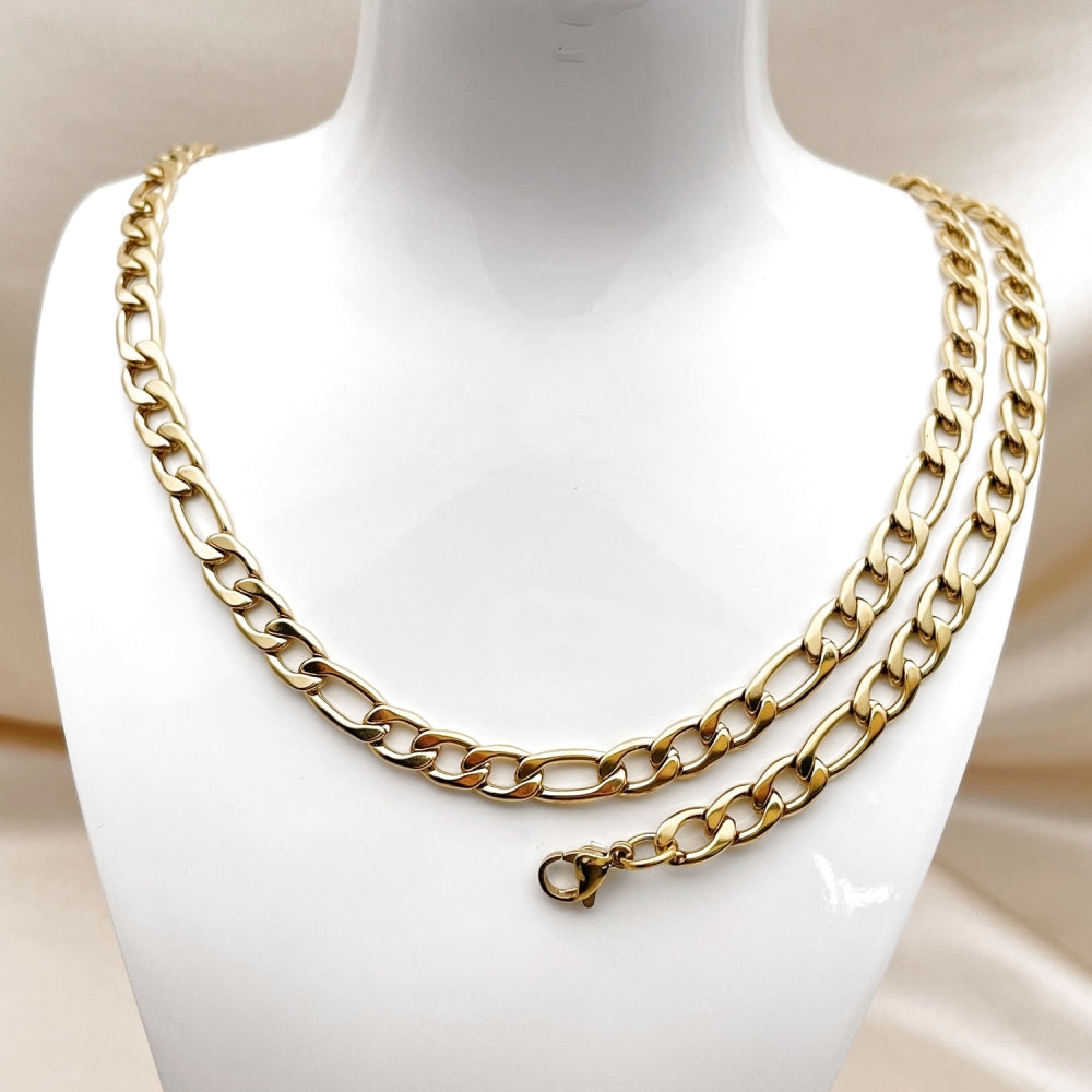 Stainless Steel Necklace and Bracelet, Figaro Design, Polished, Golden Finish
