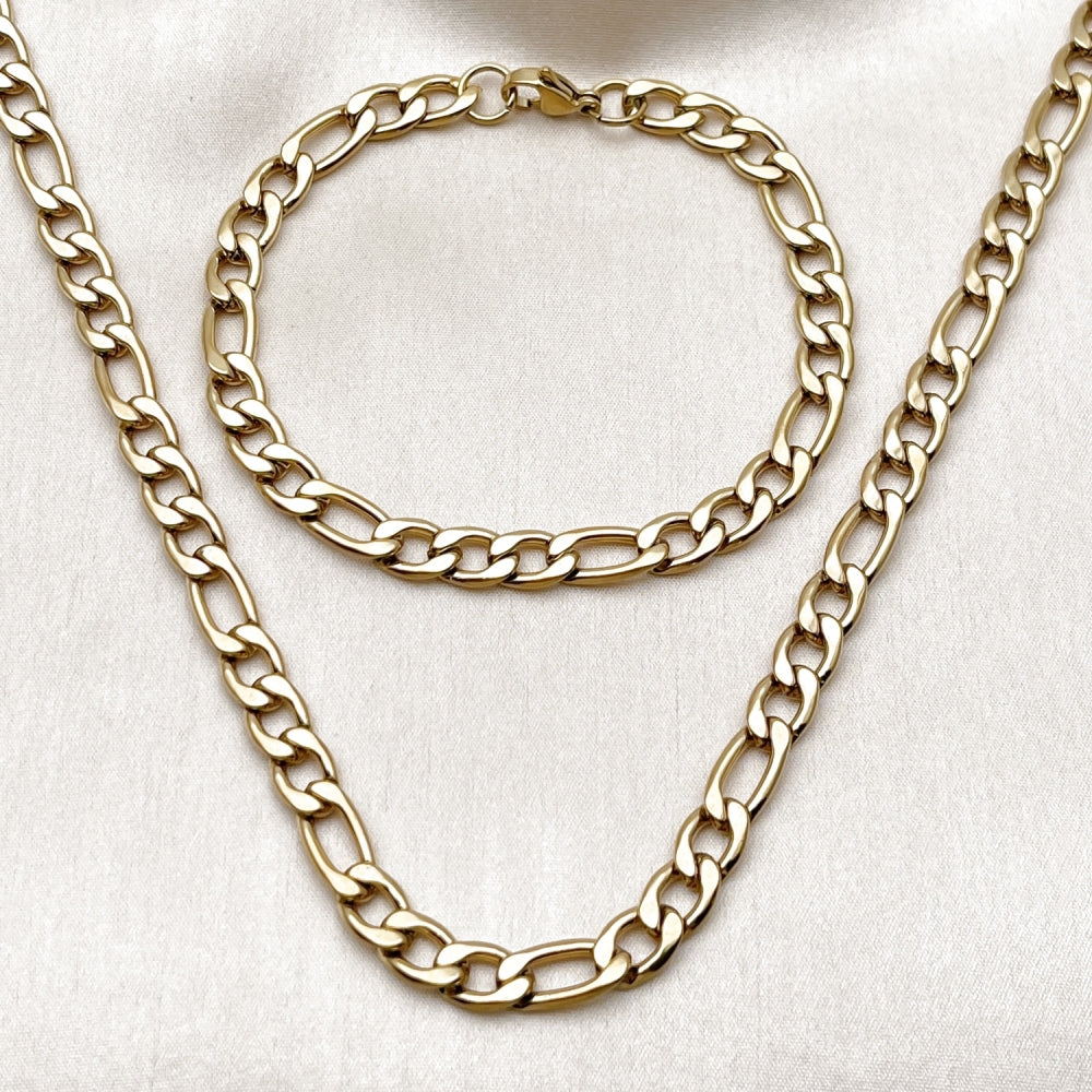 Stainless Steel Necklace and Bracelet, Figaro Design, Polished, Golden Finish