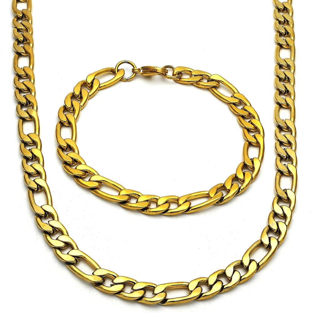 Stainless Steel Necklace and Bracelet, Figaro Design, Polished, Golden Finish