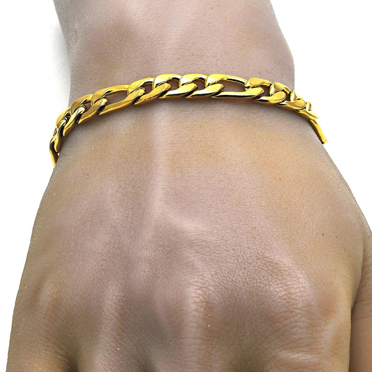 Stainless Steel Necklace and Bracelet, Figaro Design, Polished, Golden Finish