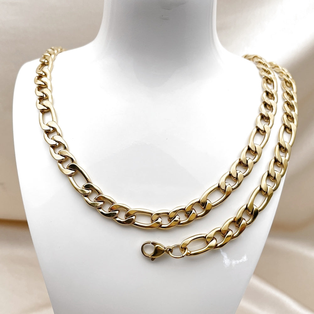 Stainless Steel Necklace and Bracelet, Figaro Design, Polished, Golden Finish