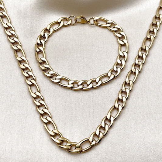Stainless Steel Necklace and Bracelet, Figaro Design, Polished, Golden Finish
