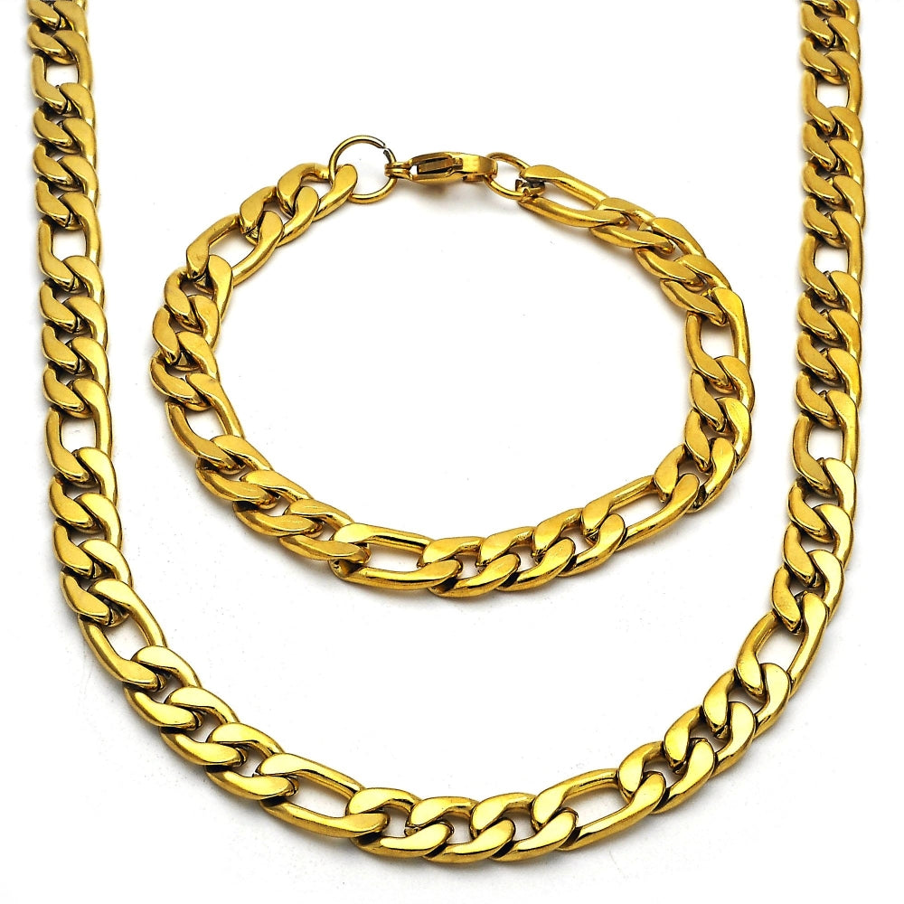 Stainless Steel Necklace and Bracelet, Figaro Design, Polished, Golden Finish