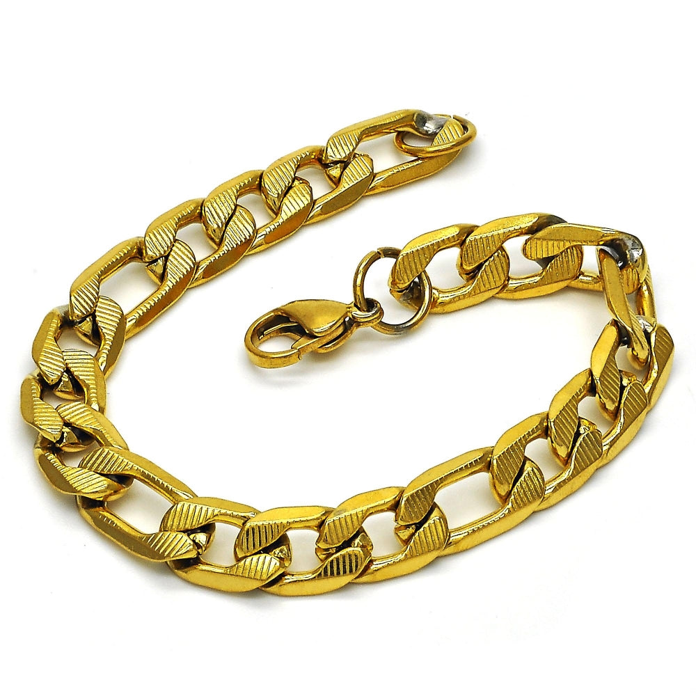 Stainless Steel Basic Bracelet, Figaro Design, Polished, Golden Finish